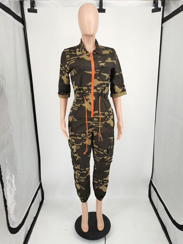 Camouflage Print Sport Rompers Womens Jumpsuit Casual Turn Down Collar Half Sleeve Overalls Active Wear Drawstring Bodysuit New
