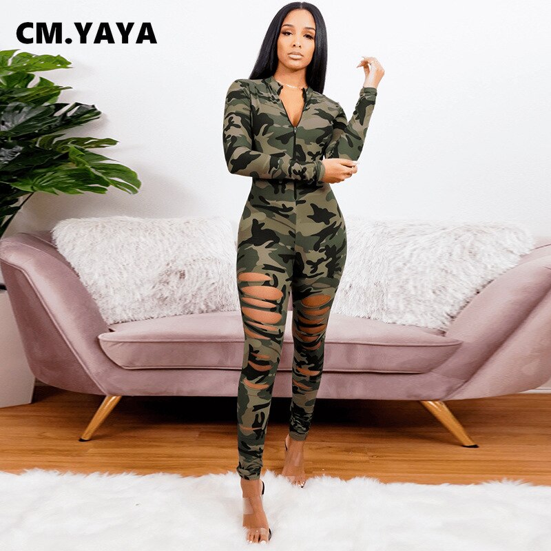 CM.YAYA  Camouflage Jumpsuit for Women Elastic Cut Out Hollow Out Zipper Up One Piece Overall Romper Outfit 2021