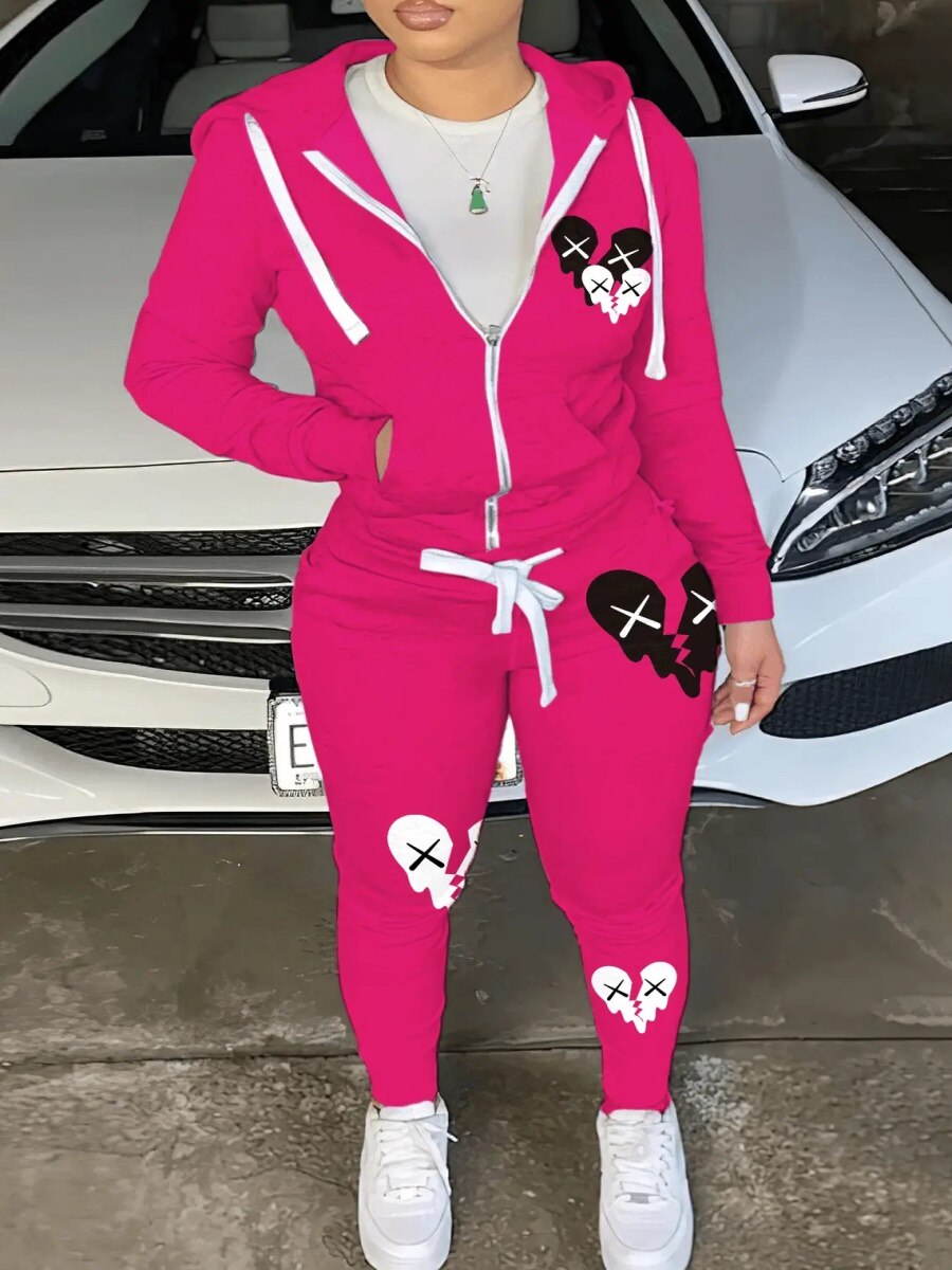 LW Simple Two Piece Set Women Casual Sporty Long Sleeve Zipper Design Top Hooded Collar Broken Heart Print Female Tracksuit Set
