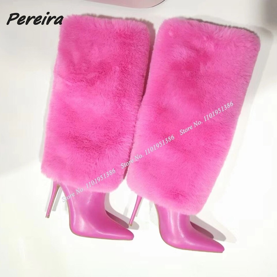 Pereira White Thick Fur Decor Boots High Heel Boots Mid Calf Pointed Toe Shoes for Women Heels New Fashion Zapatillas Mujer
