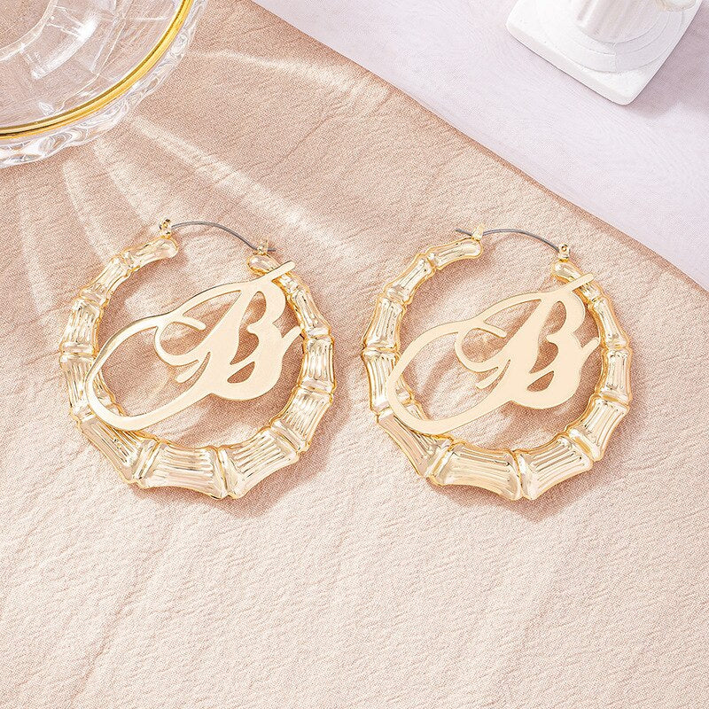 GSOLD Punk Rock A-Z Initial Bamboo Earrings For Women Party Hip-Hop Sexy Jewelry Letter Statement Large Circle Hoop Earring