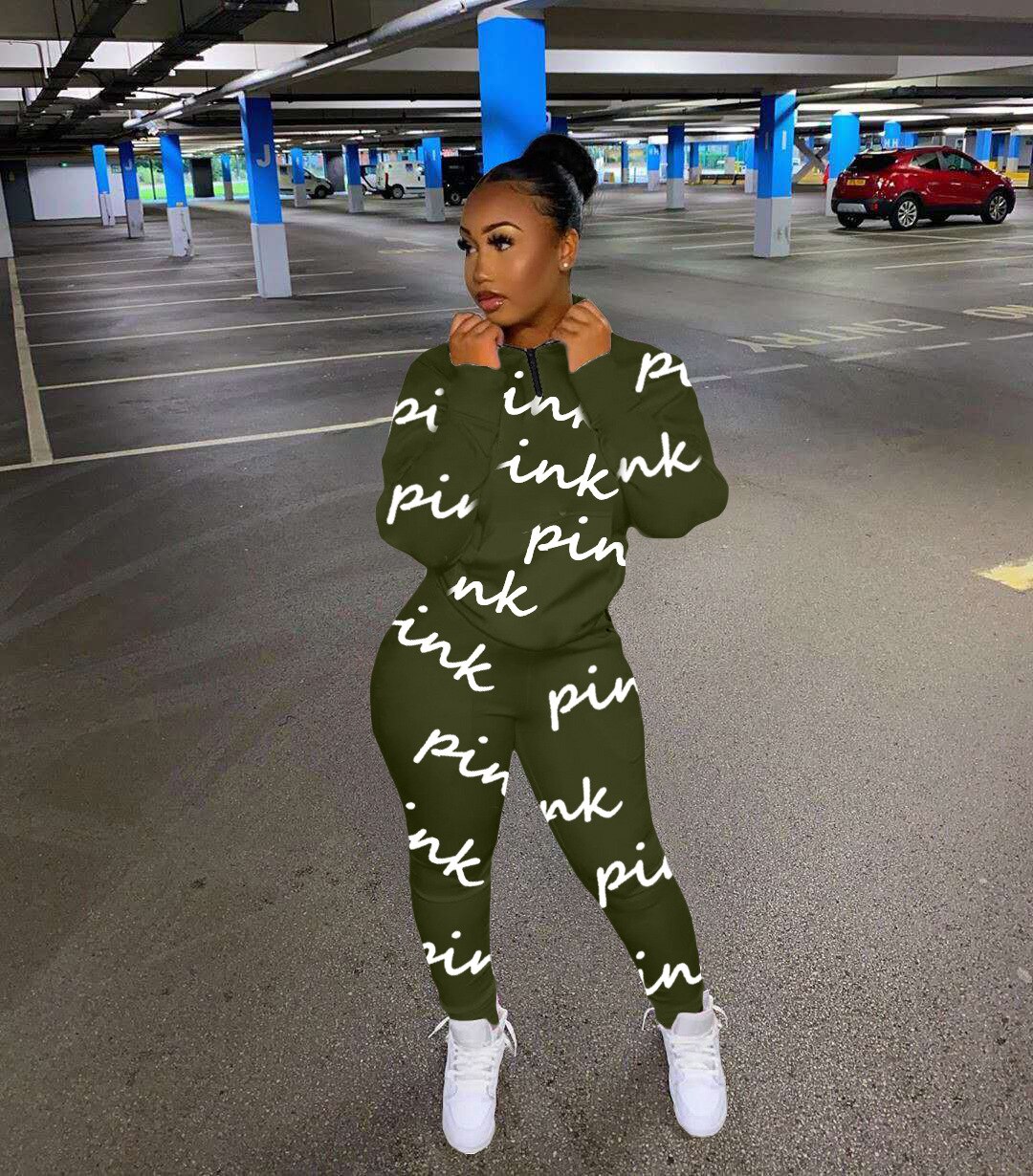 HLJ&amp;GG Winter Tracksuits Two Piece Sets Pink Letter Print Solid Casual Outfits Zip Sweatshirt + Pockets Pants Women Sweat Suits