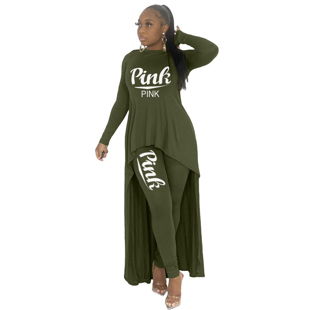 HLJ&amp;GG Fall Winter Casual Irregular Top + Skinny Pants Two Piece Sets Women Outfits Female PINK Letter Print Matching Tracksuits