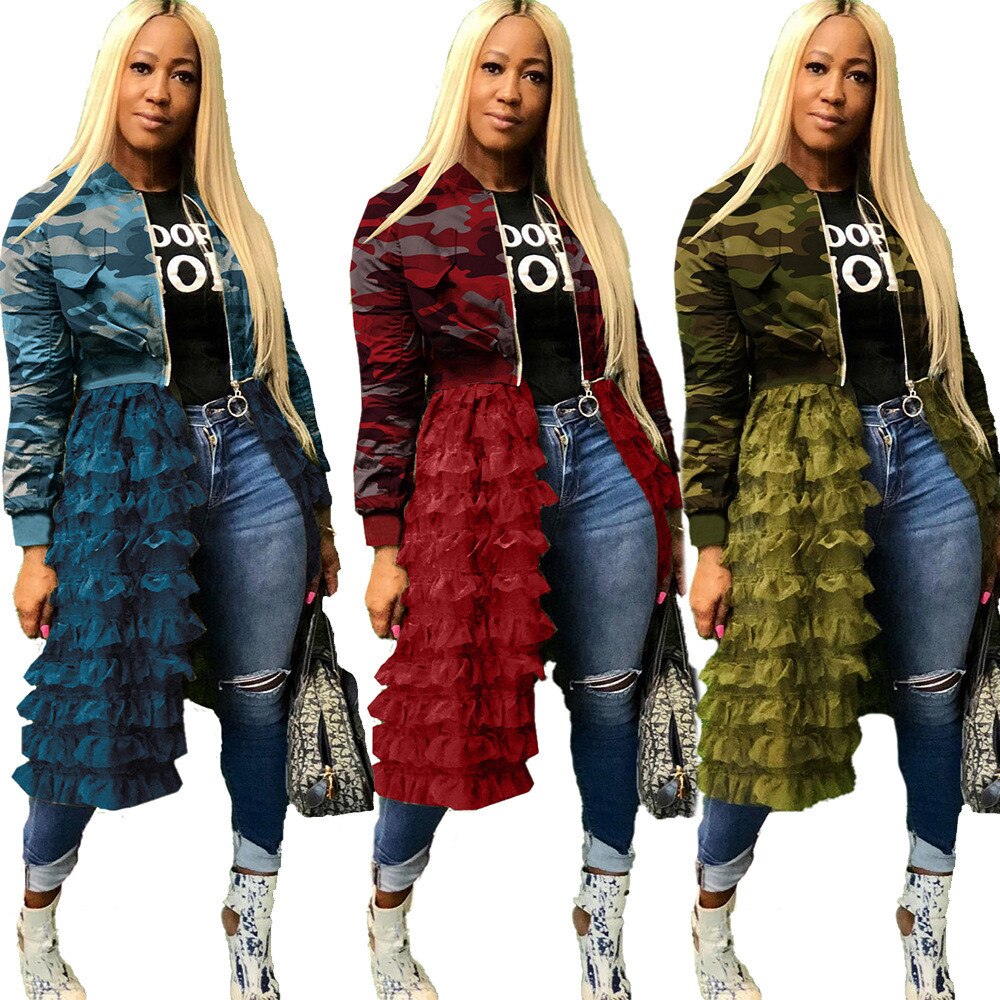 Camouflage Bomber Jacket Women Autumn Winter Streetwear Harajuku Jackets Layered Ruffle Long Coat Outwear Chaquetas