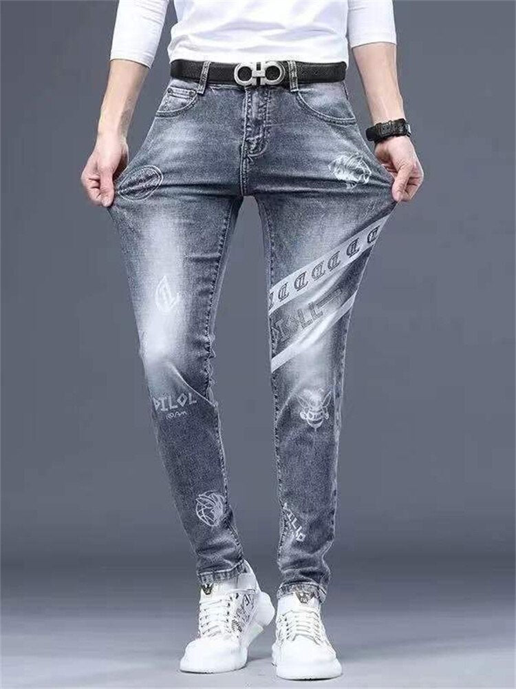 Mens stretch denim print pants jeans Korea slimming trendy casual jeans all-match light luxury men jeans pants for men
