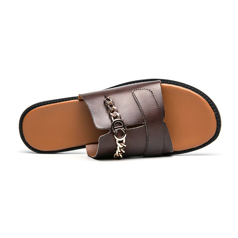 New Sandals Men Shoes PU Solid Color Fashion Casual Beach Pool Daily One Word Open Toe Metal Chain Comfortable Slippers CP169