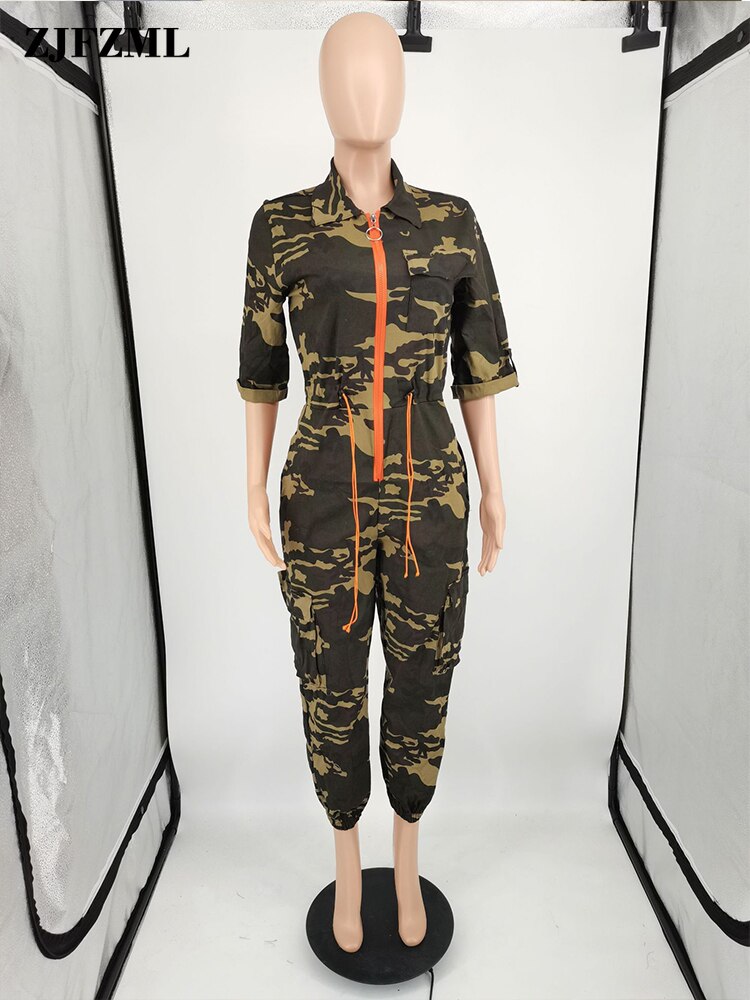 Camouflage Print Sport Rompers Womens Jumpsuit Casual Turn Down Collar Half Sleeve Overalls Active Wear Drawstring Bodysuit New
