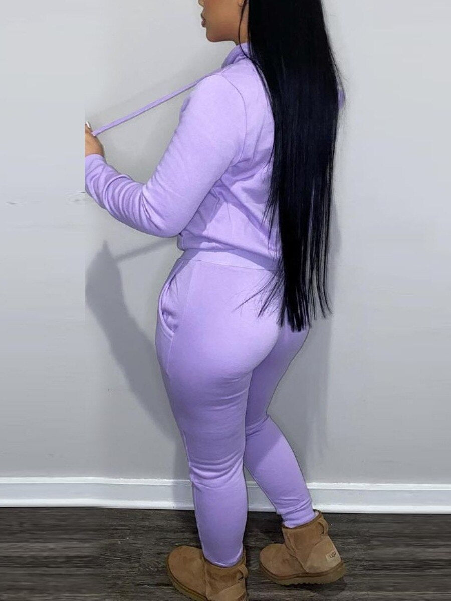 LW BASICS Hooded Collar Drawstring Tracksuit Set Two piece sets womens outifits Long Sleeve Lace-up Hooded Collar women sportswe