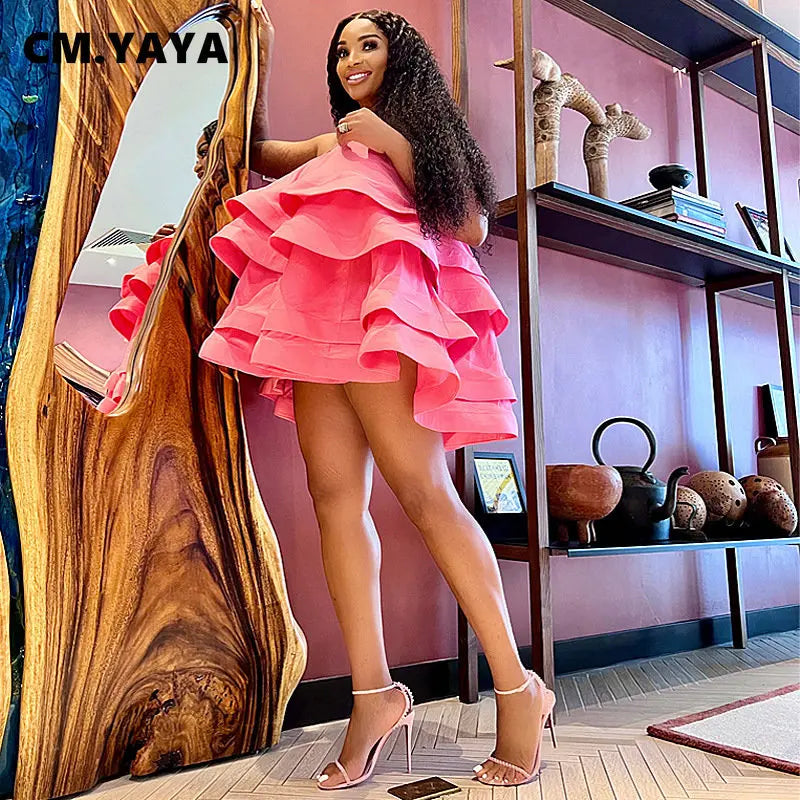 CM.YAYA Women Spaghetti Strap Tierred Big Swing Sleeveless Ball Gown Mini Dress Vintage Party Evening High Street Dresses