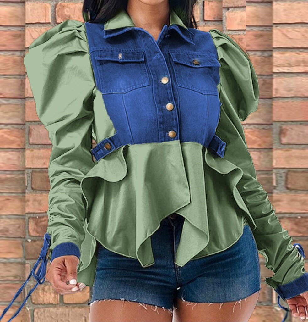 CM.YAYA Vintage Women Drawstring Ruched Up Puff Long Sleeve Single Breasted Turn-down Collar Denim Shirt Blouse Coat