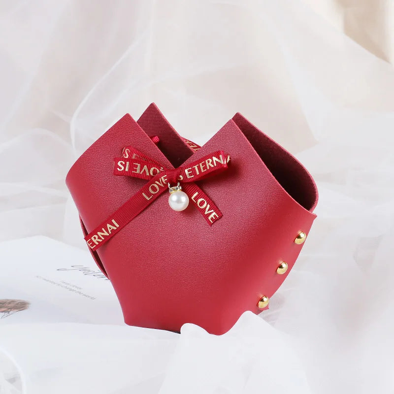10/20PCS Leather Gift Bags Bow Ribbon Packaging Bag Wedding Favour Distributions Bags Christmas Candy Packaging Box Mini Handbag