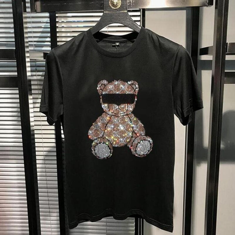 Hot Diamond T-Shirt Glasses Bear Tide Brand Male Short Sleeved Tees New Style Casual Young Streetwear Cotton Top Men's Clothing
