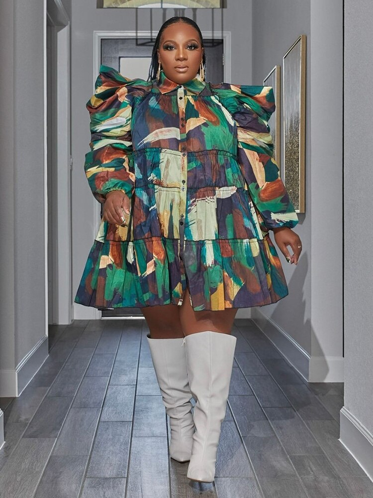Wmstar Plus Size Dresses Women's Clothes Puff Long Sleeve Casual Printed Cute Ball Gown Shirts Midi Dress Wholesale Dropshipping