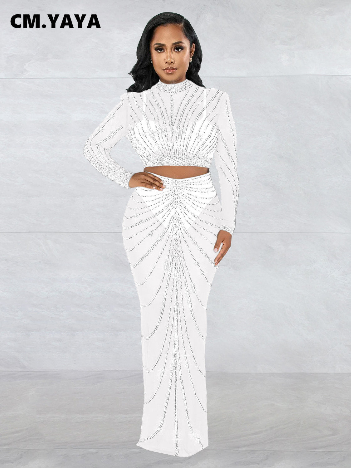 CM.YAYA Elegang Mesh See Though Diamonds Hot Rhinestones Maxi Long Midi Skirts Sets for Women Sexy Party Two 2 Piece Set Outfits