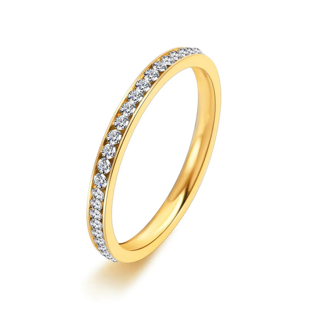INS 2mm Iced Out Bling CZ Rings For Women Lady Gold Color Stainless Steel Shinny Cubic Zirconia Wedding Ring Elegant Jewelry