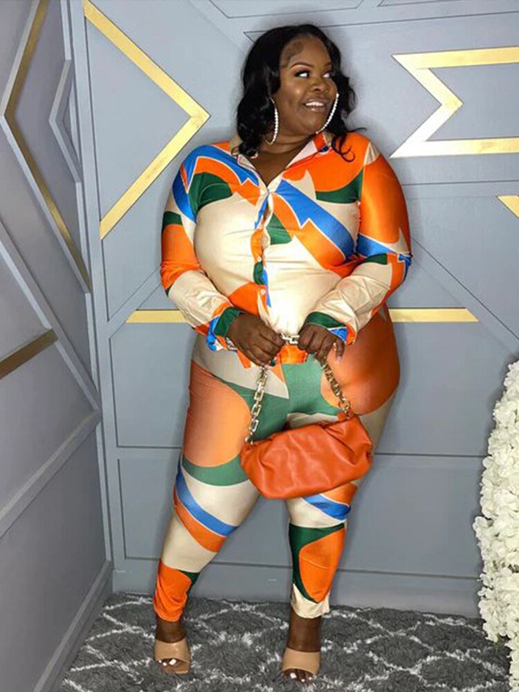Plus Size Matching Sets Spring Print Shirt Top and Pants Two Piece Set for Women Streetwear Fashion Suit Wholesale Dropshipping