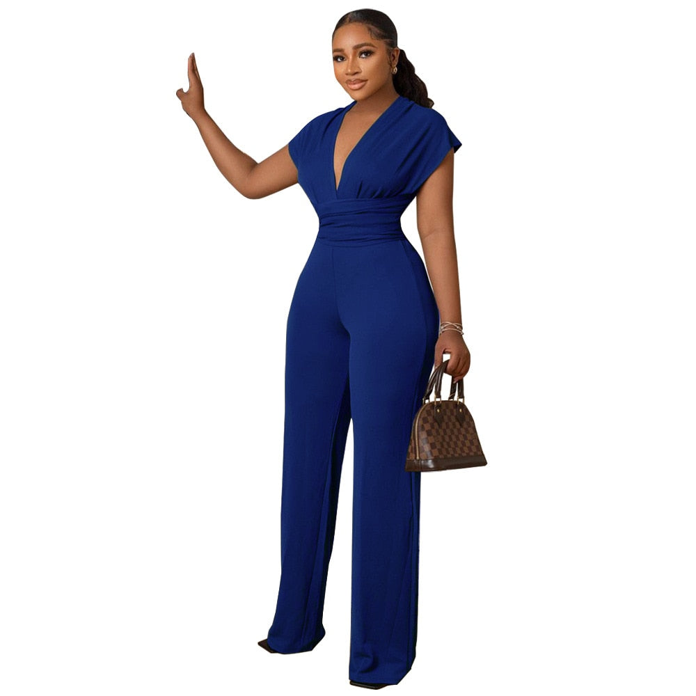 Summer Long Wide Leg Jumpsuit Women Fashion Office Lady V-neck Short Sleeved High Waist Jumpsuit Women
