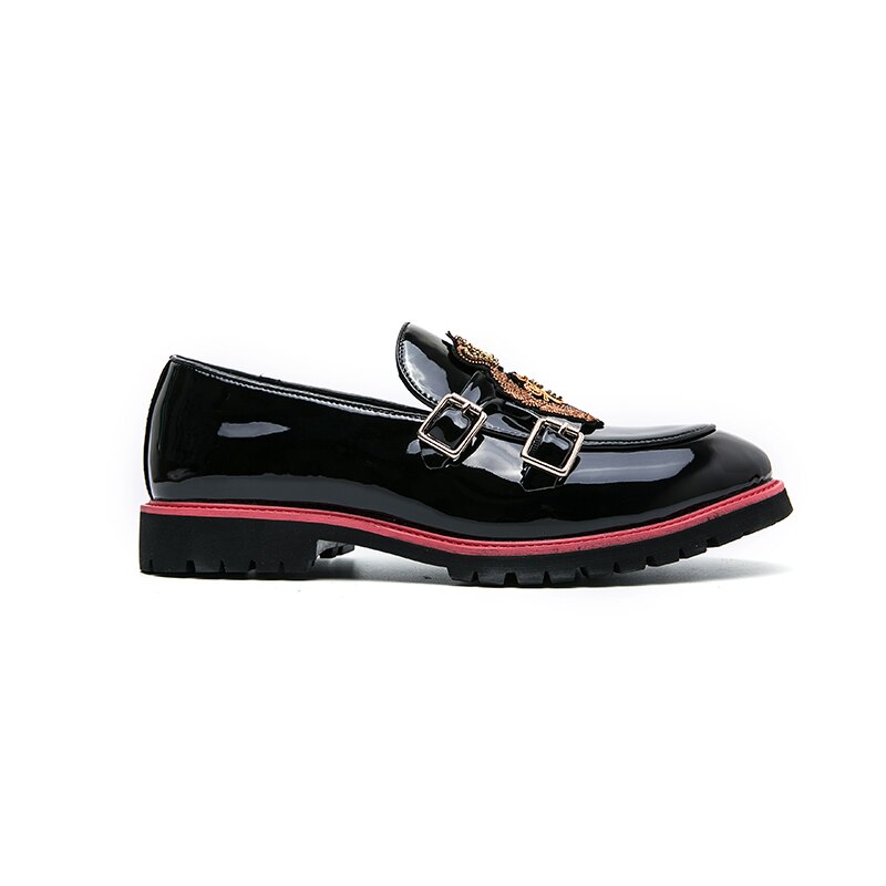 Loafers Men Shoes PU Black Round Toe Low Heel Fashion Daily Business Casual Party Embroidered Double Buckle Dress Shoes CP304