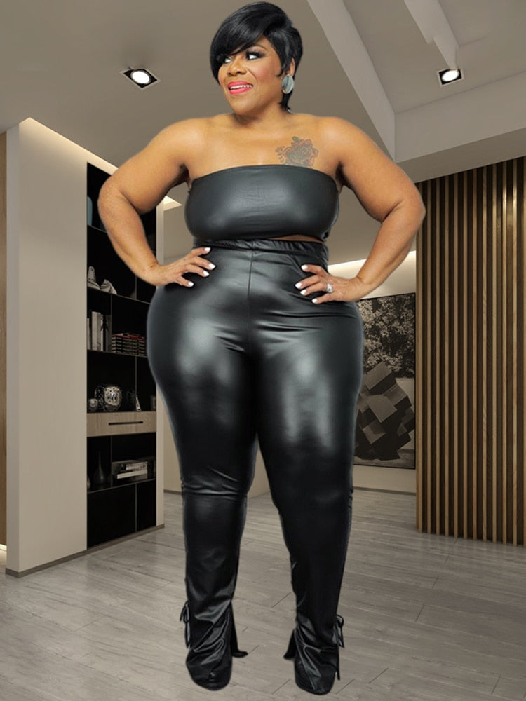 Plus Size Clothes Ladies Leather Pants and Strapless Top Summer Streetwear Sets Womens 2 Piece Fashion Suits PU Sexy Outfit