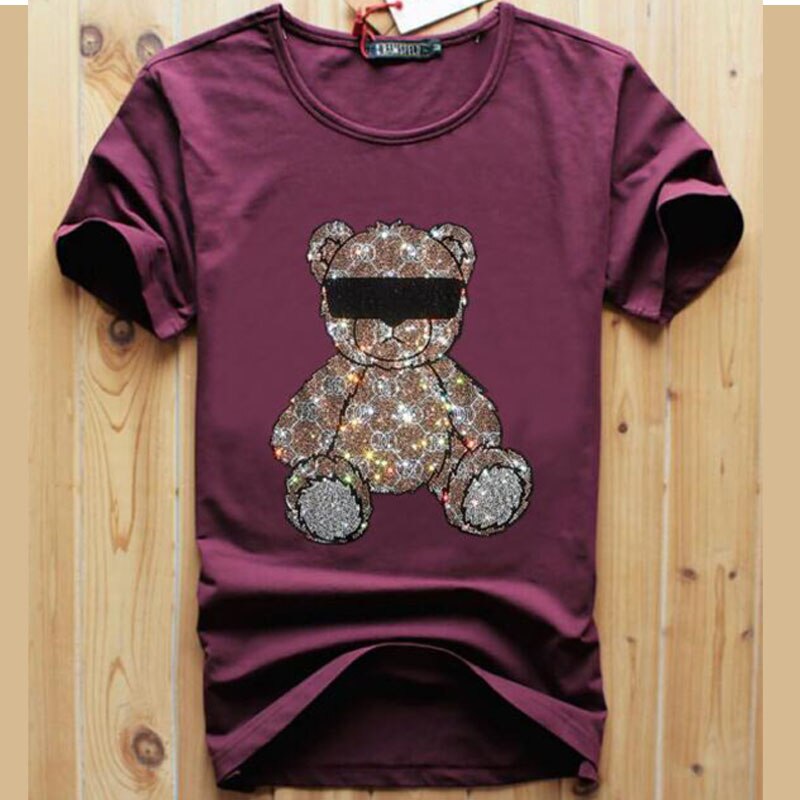 Hot Diamond T-Shirt Glasses Bear Tide Brand Male Short Sleeved Tees New Style Casual Young Streetwear Cotton Top Men's Clothing