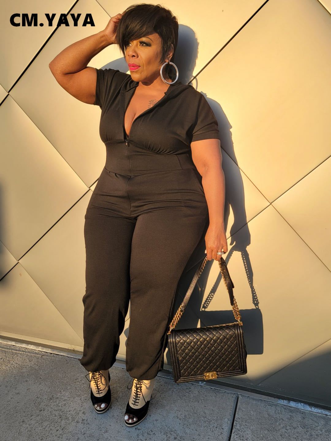 CM.YAYA Women Plus Size Jumpsuit Solid Hooded Zipper Strechy Jumpsuits with Pockets Casual One Piece Overall Summer Outfit