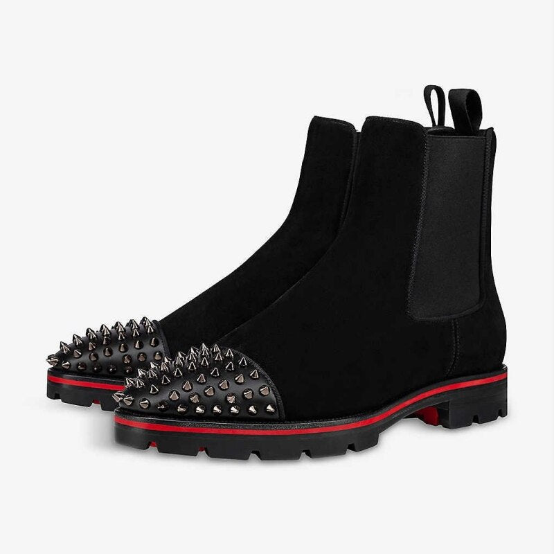 New Black Men Chelsea Boots Flock Rivet Square Toe Red Sole Punk Handmade Men Short Boots Free Shipping Bottes Pour Hommes