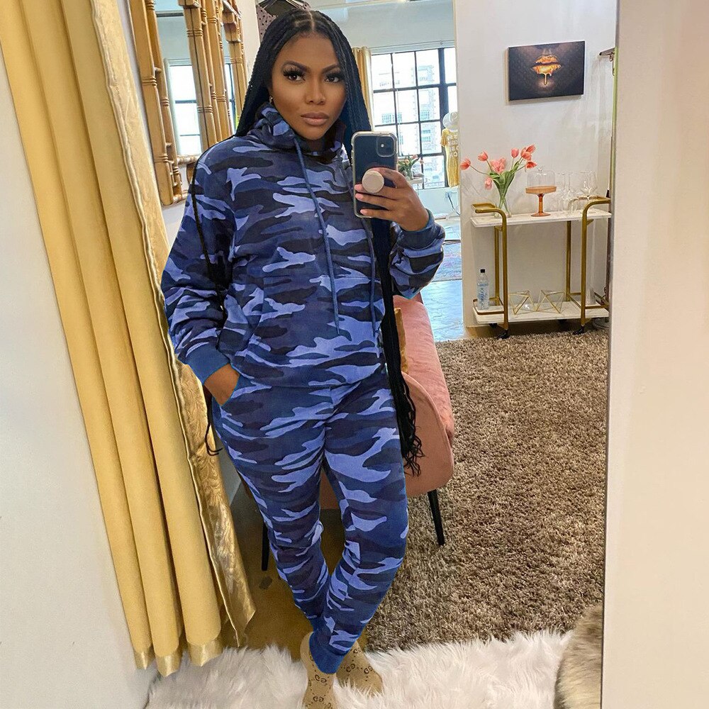 Ladies Camo Set Women Camouflage Tracksuit  Hoodies Sweatshirt Pants 2 Piece Sportwear Fall Outfits