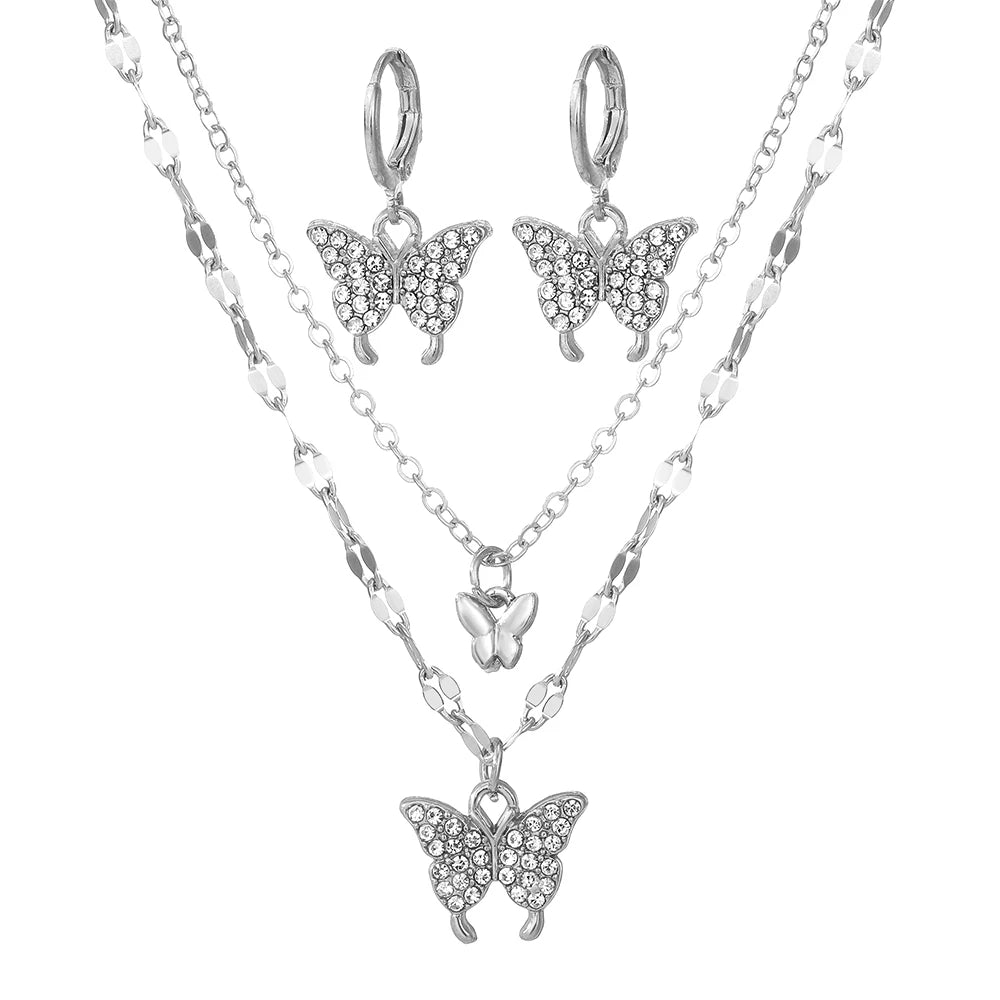 IPARAM Minimalist Crystal Butterfly Pendant Earrings Necklace Jewelry Set for Women Chains Fashion Jewelry Gifts