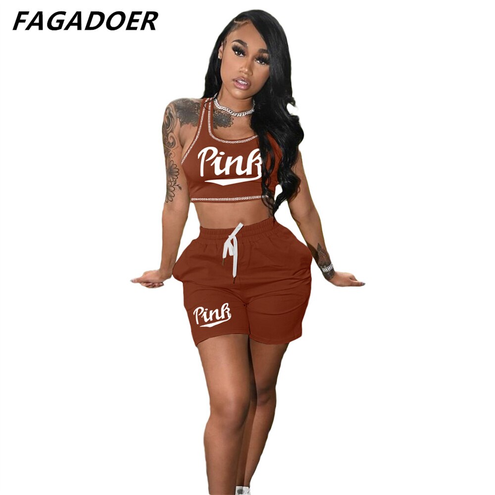 FAGADOER Summer Women Pink Letter Print Sleeveless Crop Top+Pencil Shorts Suit Two Piece Set Tracksuits Outfit Sporty Streetwear