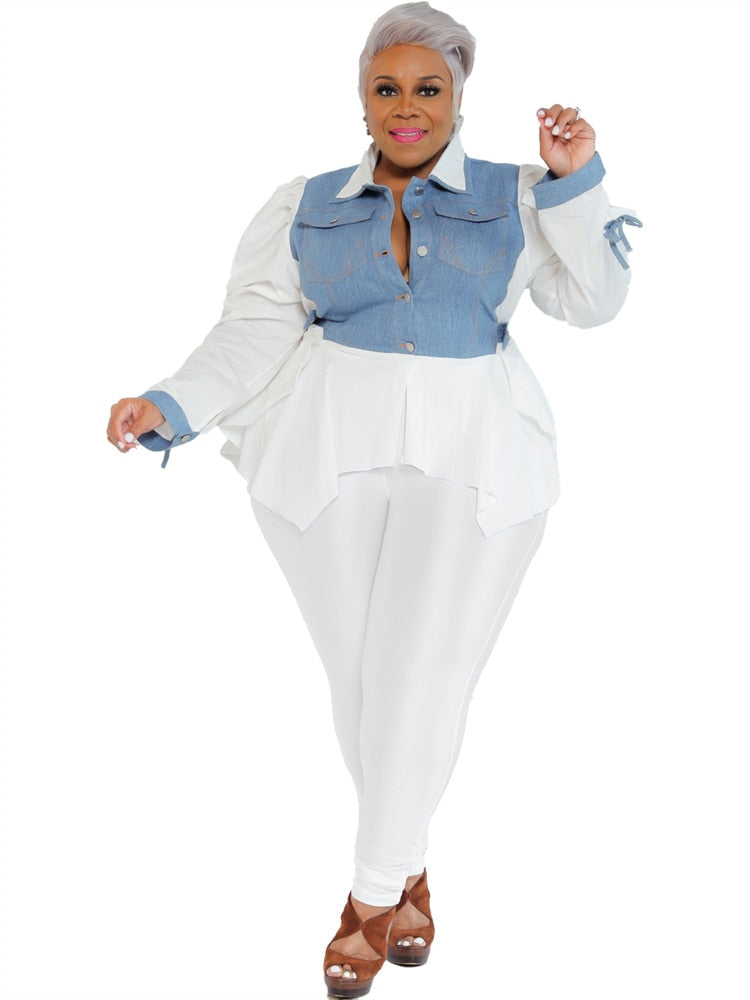 Wmstar Plus Size Two Piece Outfits Women Solid Patchwork Puff Sleeve Leggings Sets Fashion Matching suit Wholesale Dropshipping