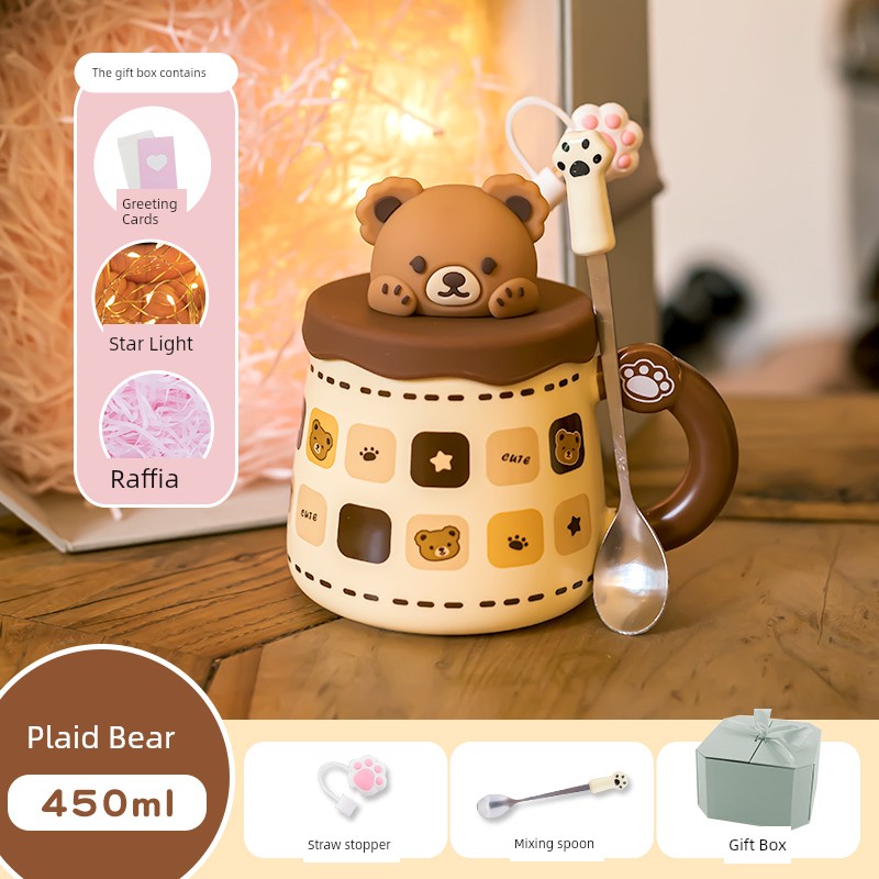Cute Ceramic Cup Couple with Lid Spoon Straw Mug Home Breakfast Coffee Cup Women Office Water Glass Men