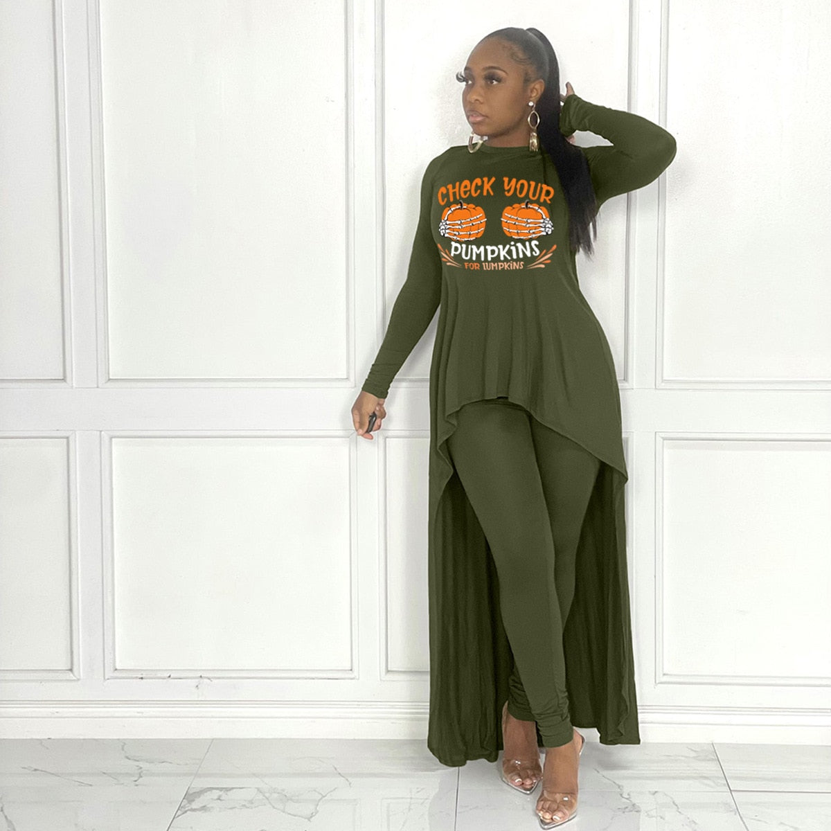 HLJ&amp;GG Fall Winter Casual Irregular Top + Skinny Pants Two Piece Sets Women Outfits Female PINK Letter Print Matching Tracksuits