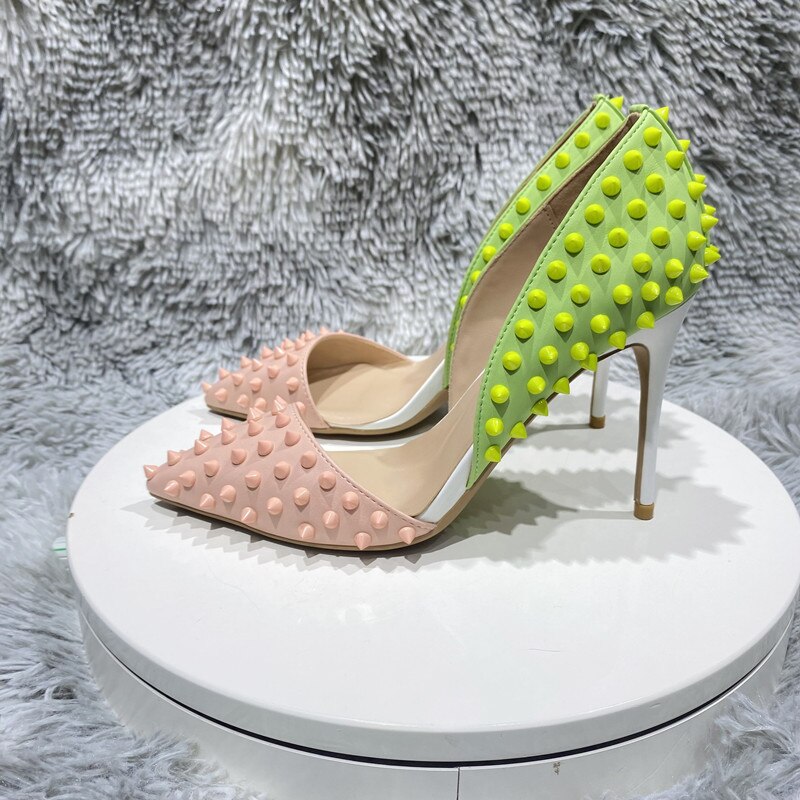 Heelgoo Green Pink Matte Patchwork Women Sexy Side Cut D'Orsay Pointy Toe High Heel Shoes with Spikes Sexy Studs Stiletto Pumps