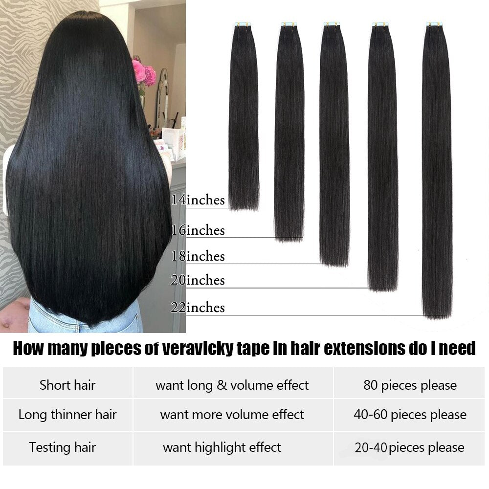 Veravicky Hair Tape In Hair Extensions Natural Human Hair Tiny Interface 4x0.8cm Skin Weft Remy 10pcs 16-24 inch For Thin Hair