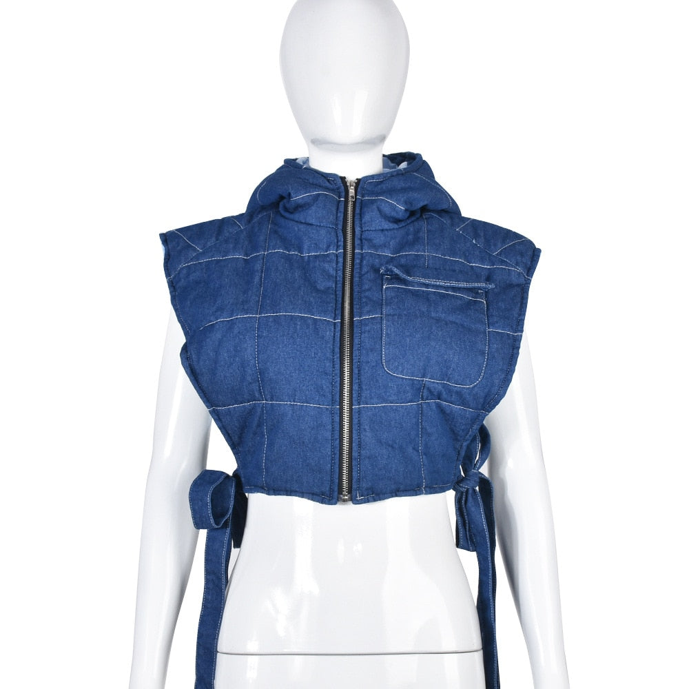 Echoine Winter Sleeveless Side Lace Up Vest Jacket Zipper Denim Hoodies Streetwear Women Clothing Fashion Outwear Crop Top