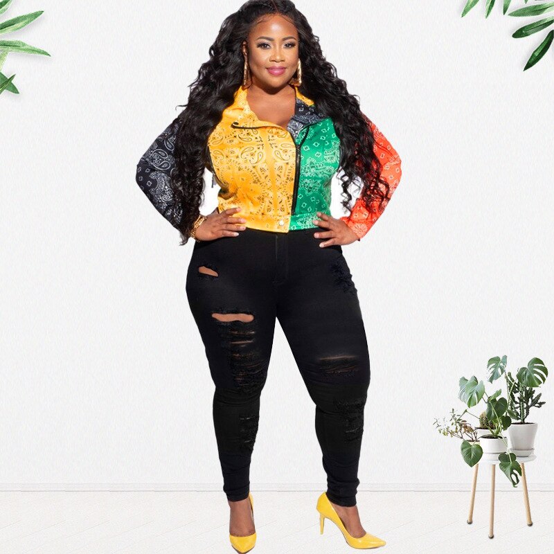 Plus Size Women Paisley Jacket Autumn Zipper Patchwork Coat 2022 Winter Female Trench Coat Lady Casual Bandana Jacket