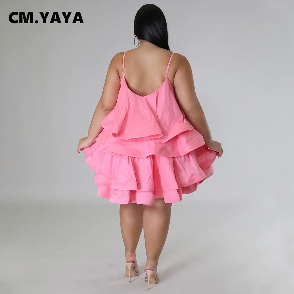 CM.YAYA Plus Size Vintage Women Cascanding Ruffles Big Swing Ball Gown Cake Babydoll Spaghetti Strap Sleeveless Dress Vestidos