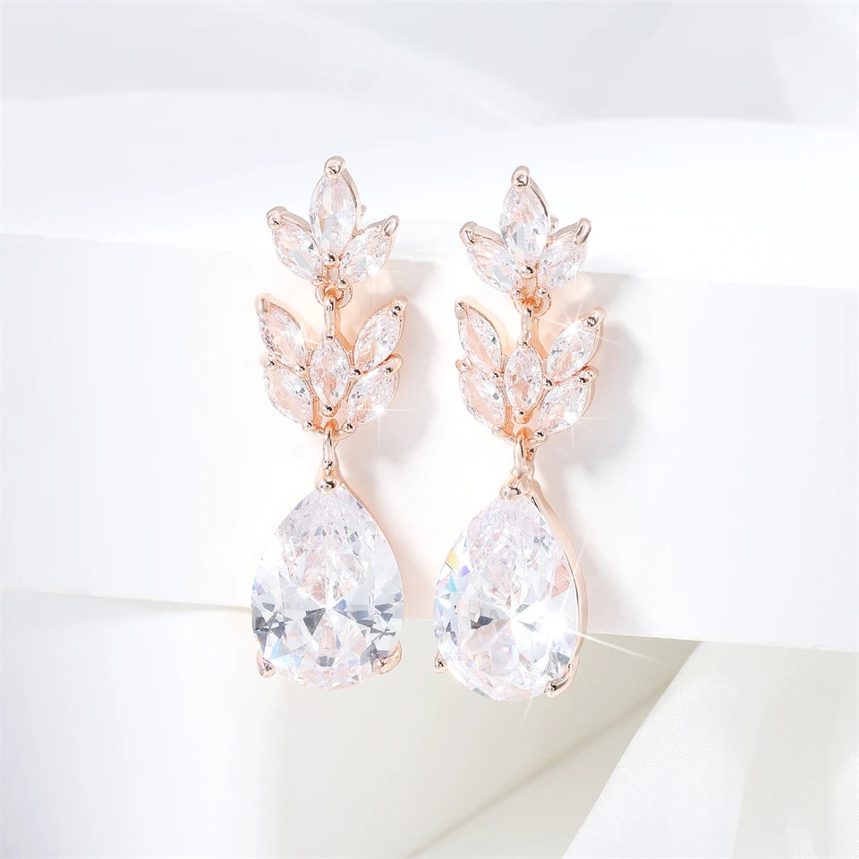ZAKOL Hot Selling Romantic Water Drop Cubic Zircon Dangle Earrings for Women Fashion Leaf Bridal Wedding Jewelry EP012