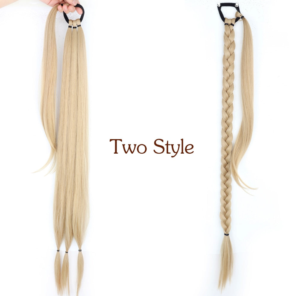 34inches Synthetic Long Braided Ponytail Hair Extensions for Women Black Brown Pony Tail with Hair Rope High Temperature Fiber