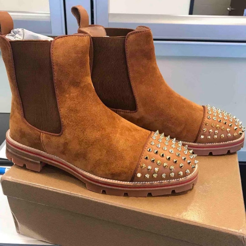 New Black Men Chelsea Boots Flock Rivet Square Toe Red Sole Punk Handmade Men Short Boots Free Shipping Bottes Pour Hommes
