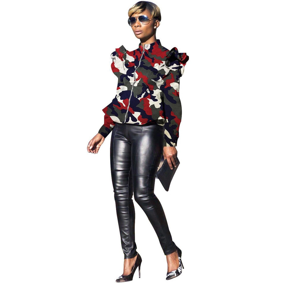 Women New Ruffles Shoulder Long Sleeve Camouflage Zip Open Stand Neck Flare Hem Jackets Fashion Weinter Coats Top Q5071