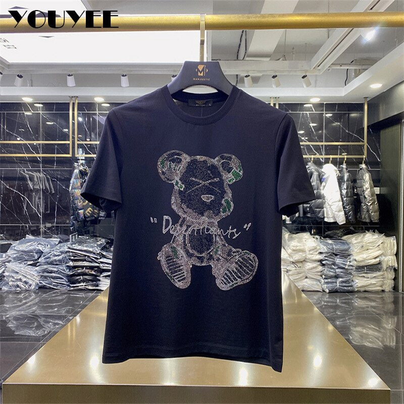 Rhinestone Casual Men's Short Sleeve T-shirt Loose O-neck 2022 Summer New Fashion Trend Brand Diamond Bear Green Yellow Clothing
