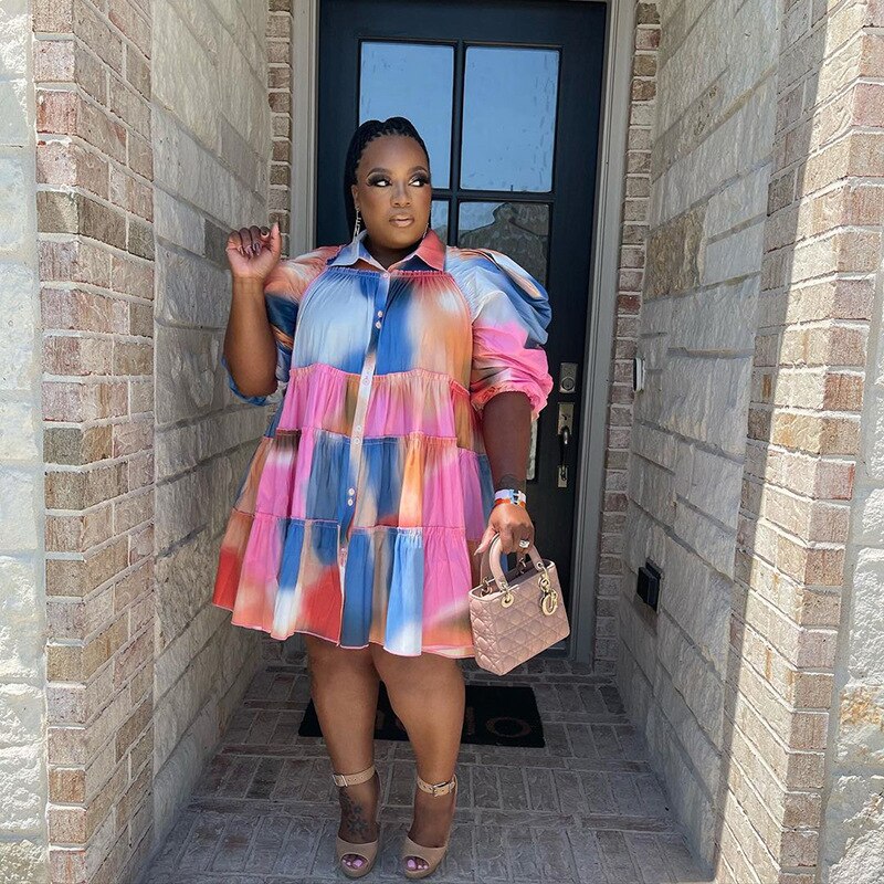 CM.YAYA Elegant Women Graffiti Cape Stye Big Swing Loose Smock Dress Plus Size Curve Chic Single Breasted Shirt Blouse Dresses