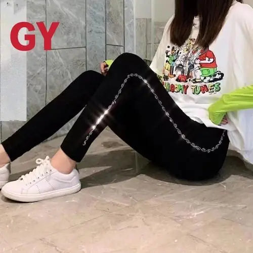 New Autumn Winter High Waist Stretch Thicken Velvet Women Leggings Blingbling Hot Drilling Ankle-length Bottoming Pants Black