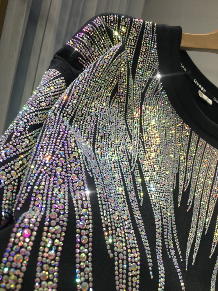 L-4XL Plus Size Tops Rhinestone Graphic T-shirts Luxury Large Size Tunic for Women Men Summer Cotton Women's Clothing Chubby Y2K