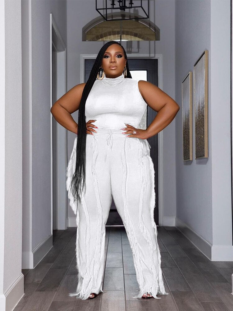 Large Size Matching Sets Ladies Sleeveless Top and Pants Tassel Womens Two Peice Sets Plus Size Summer Outfits Free Shipping