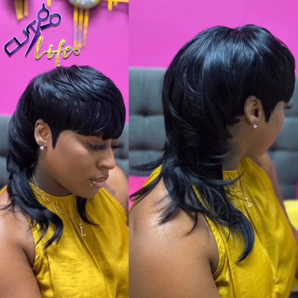 Short Pixie Cut Wigs Full Machine Made Wig With Bangs Dovetail Straight Brazilian Remy Human Hair Wigs For Women Model Length