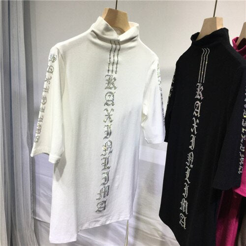 High Quality Hot Drilling Letter High Collar Bottoming Top Half Sleeve Skinny Autumn Black T-shirt All-match Streetwear Pullover