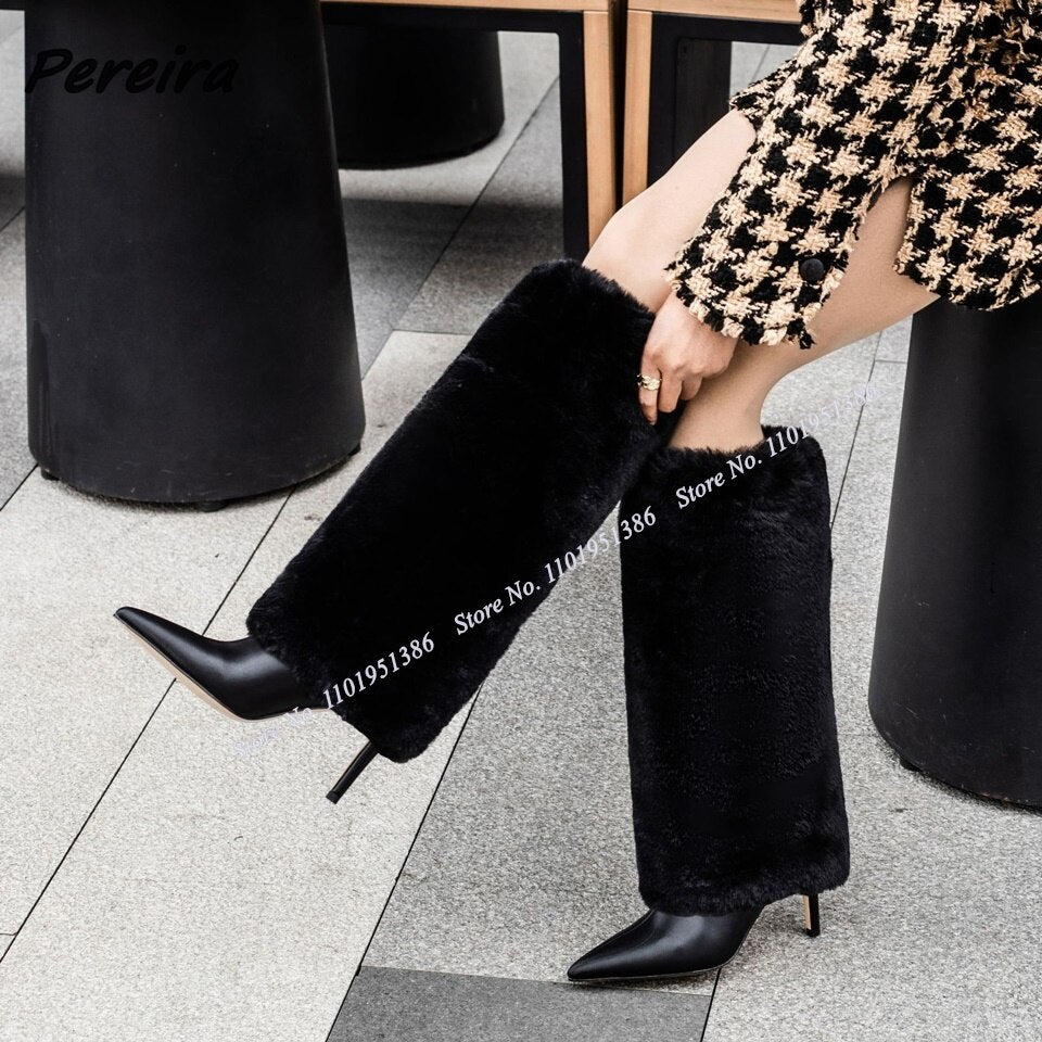 Pereira White Thick Fur Decor Boots High Heel Boots Mid Calf Pointed Toe Shoes for Women Heels New Fashion Zapatillas Mujer