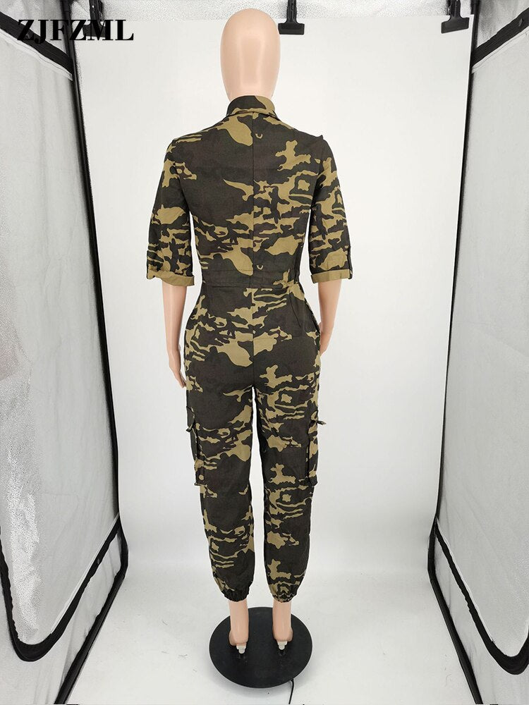 Camouflage Print Sport Rompers Womens Jumpsuit Casual Turn Down Collar Half Sleeve Overalls Active Wear Drawstring Bodysuit New